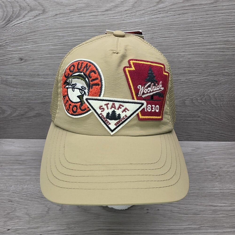 Woolrich Target Trucker Hat Cap Khaki Tan Council Staff Multi Patch Snapback NWT